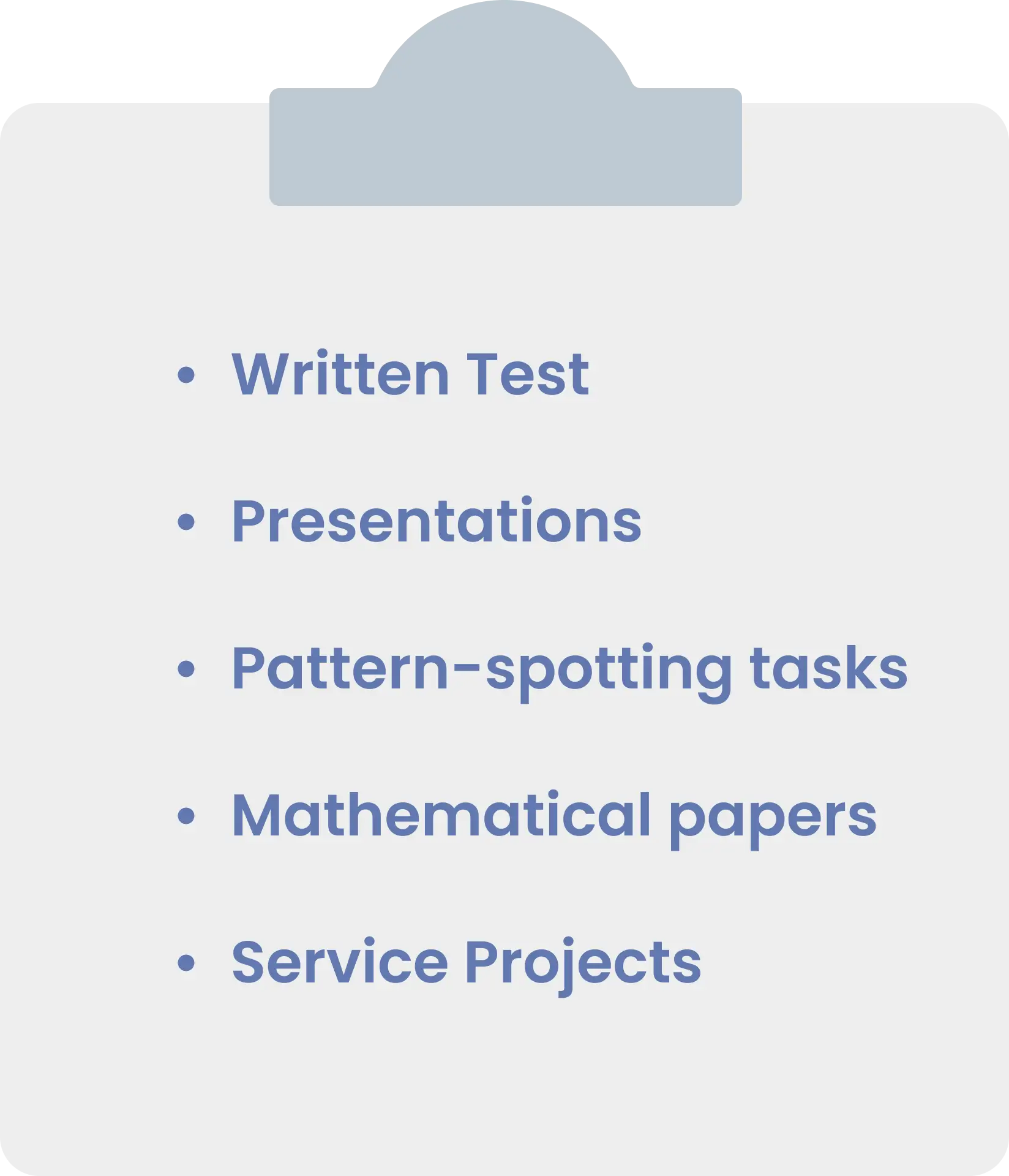 Clipboard listing assessment formats: written test, presentations, pattern-spotting tasks, mathematical papers, service projects