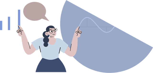 Illustration of a tutor with a speech bubble, pointing to a bar chart and a graph