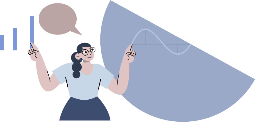 Illustration of a tutor pointing up, next to a large graph of a curve