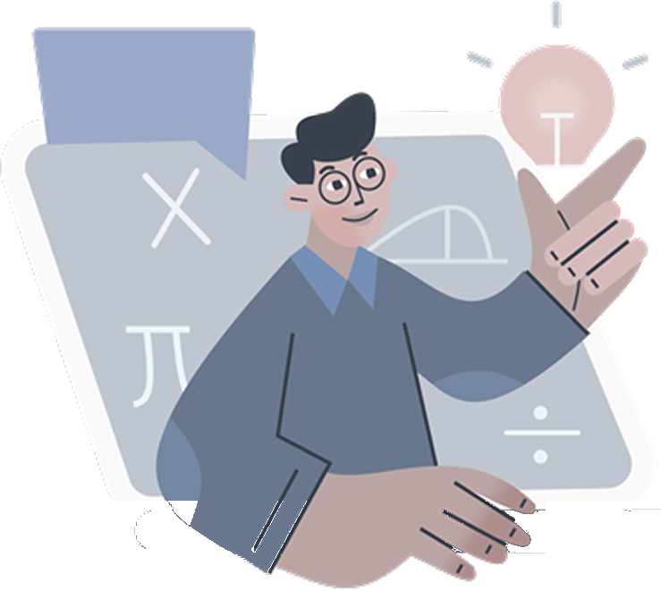 Illustration of a tutor pointing up at a lightbulb in front of a board of maths symbols